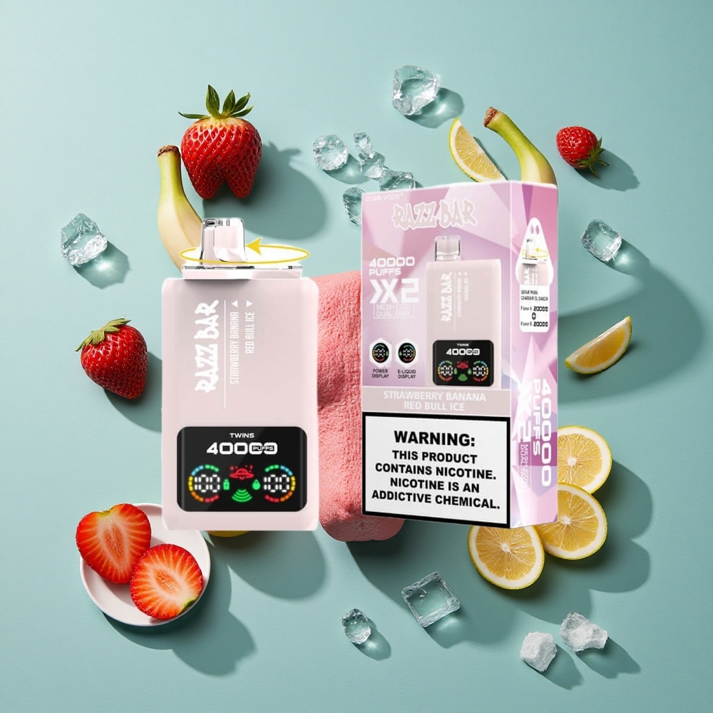 イチゴバナナ_レッドブルアイス Razz Bar 40000回吸引 パワースクリーンディスプレイ Japan vape wholesale